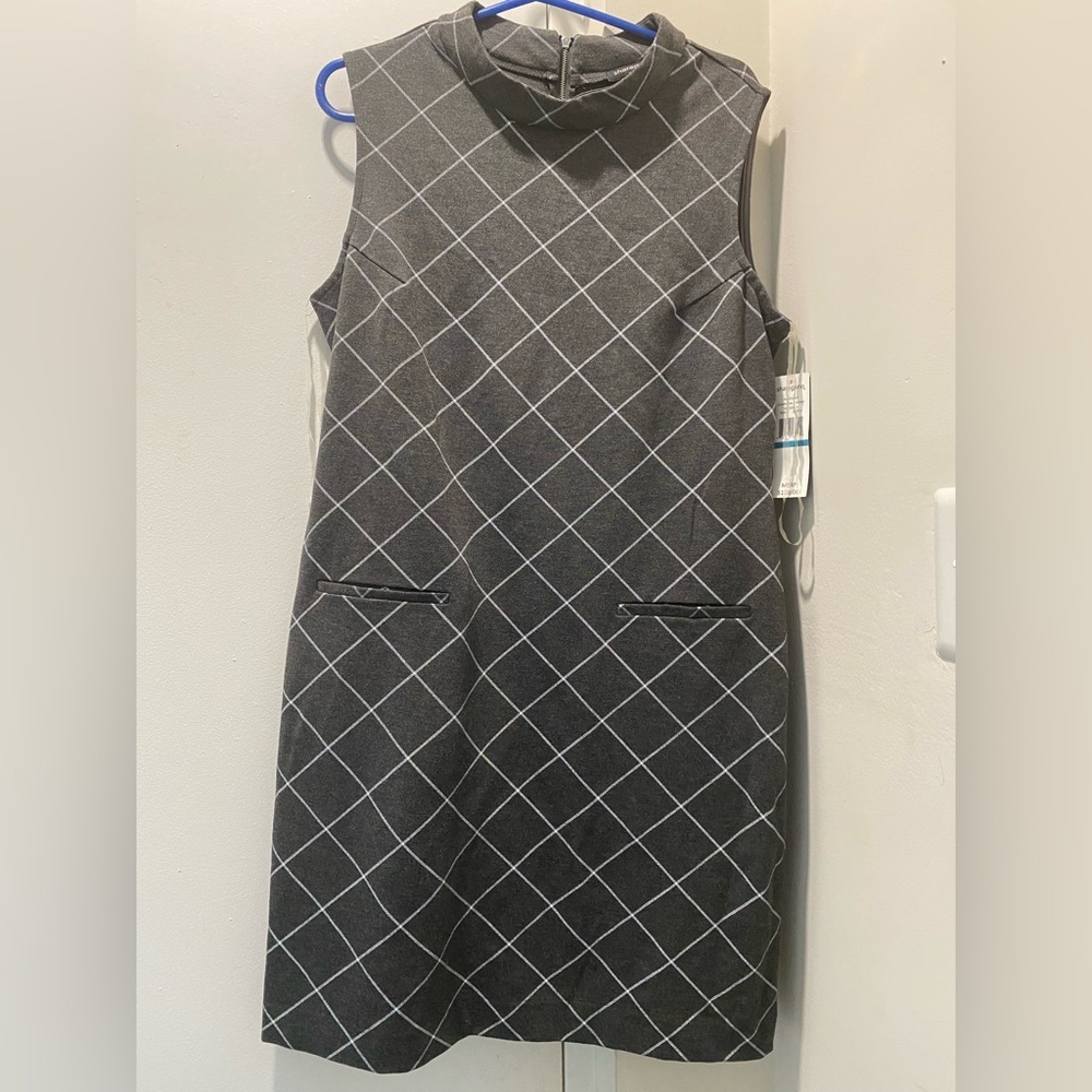 Sharagano Charcoal Dress with Ivory Check Pattern